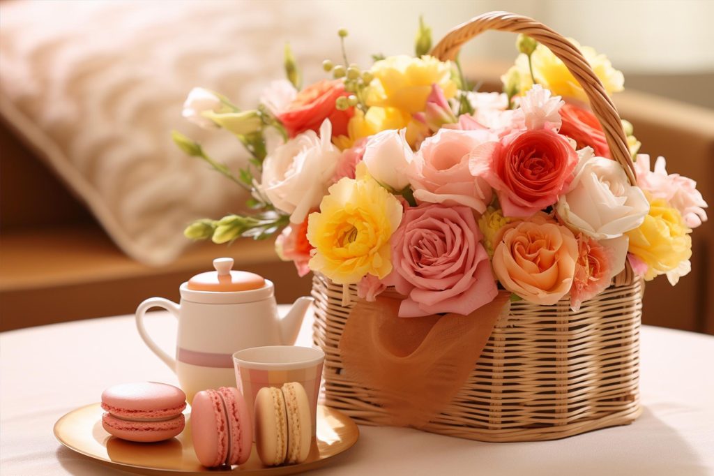 Cesta de café da manhã com flores
