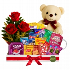 Cesta "Doçura de Carinho" Trio de Rosas + Urso