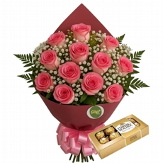 Bouquet Premium 12 Rosas Rosadas com Ferrero Rocher