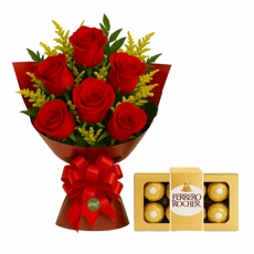 Combo Buquê 6 Rosas Vermelhas + Ferrero Rocher
