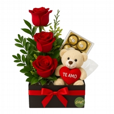 Kit Rosas Vermelhas com Urso de Pelúcia e Chocolate Ferrero Rocher
